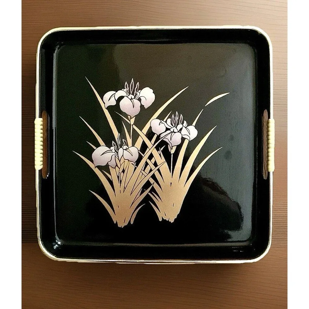 VINTAGE JAPANESE LACQUER SQUARE SERVING TRAY BLACK GOLD IRIS FLOWER WICKER